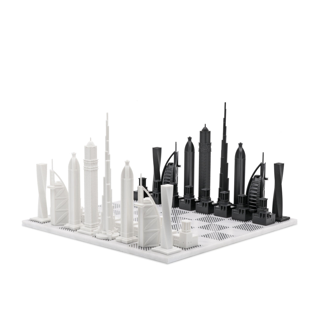 Skyline Chess Set, Dubai, Acrylic, Corner View, Marble Hatch Board