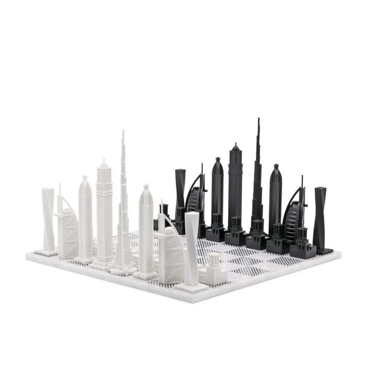 Skyline Chess Set, Dubai, Acrylic, Corner View, Marble Hatch Board