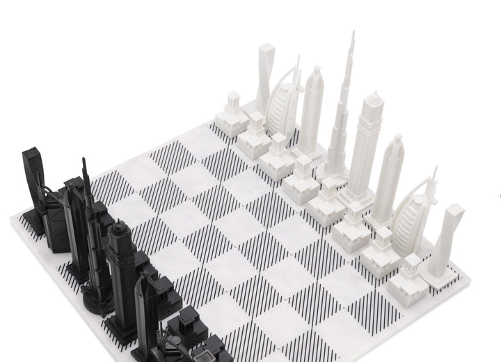 Skyline Chess Set, Dubai, Acrylic, Corner View, Marble Board