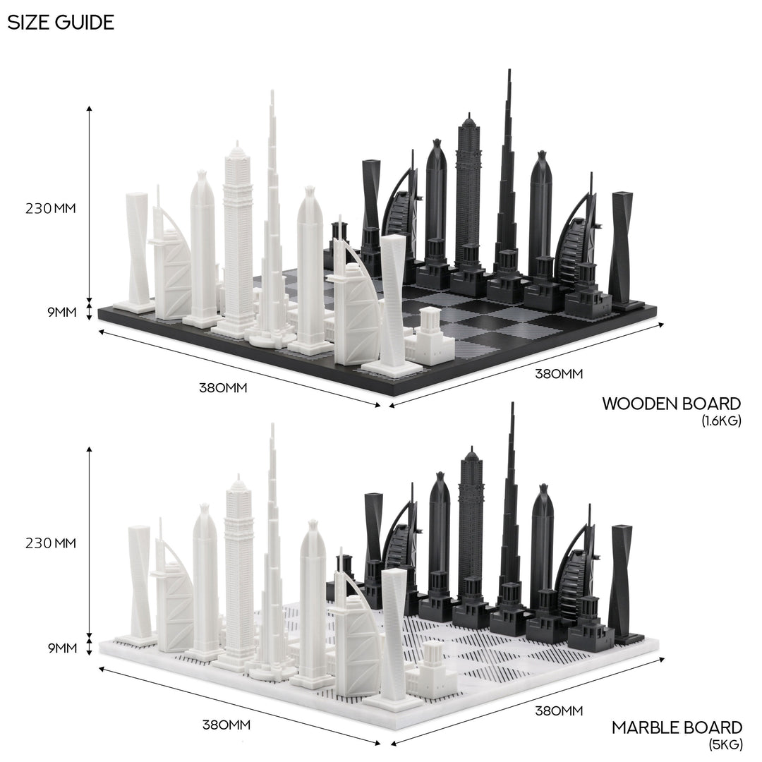 Skyline Chess Set, Dubai, Acrylic, Side View, Board Sizes Image