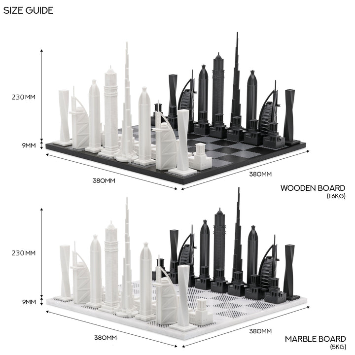 Skyline Chess Set, Dubai, Acrylic, Side View, Board Sizes Image