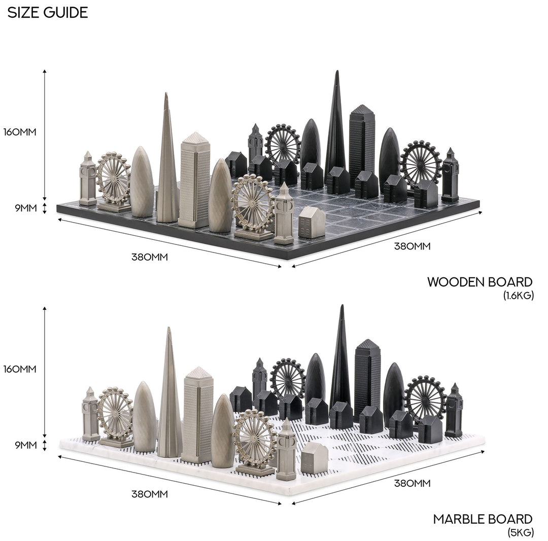 Skyline Chess Set, London, Stainless Steel, Side View, Steel Board