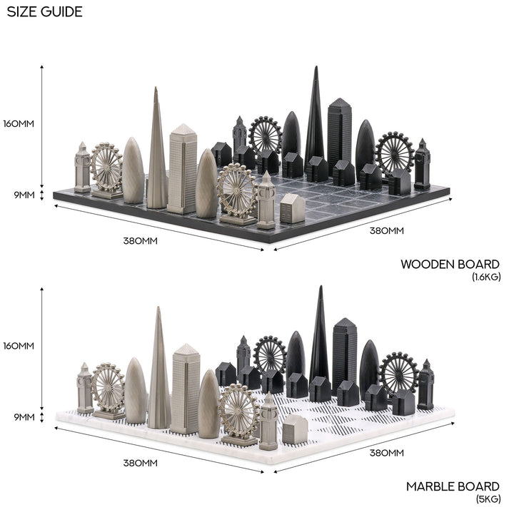 Skyline Chess Set, London, Stainless Steel, Side View, Steel Board