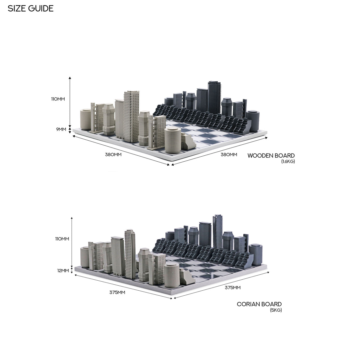 Skyline Chess Set, London Brutalist, Resin, Corner View, Wood Board