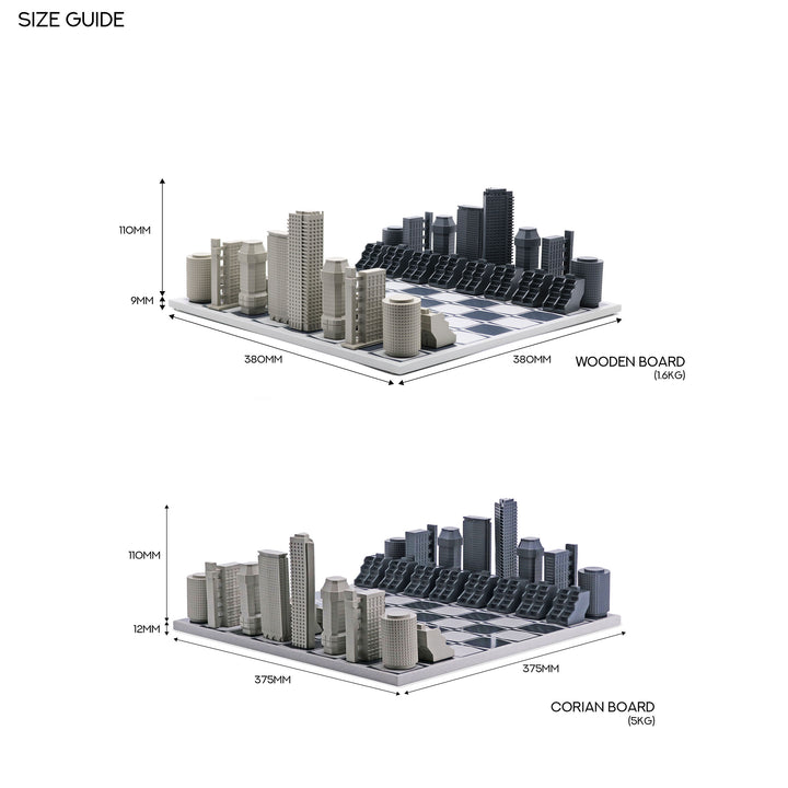 Skyline Chess Set, London Brutalist, Resin, Corner View, Wood Board