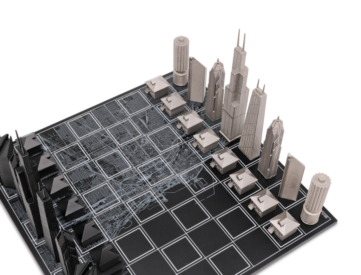 Skyline Chess Set, Chicago, Steel Metal, Corner View, Wood Map Board