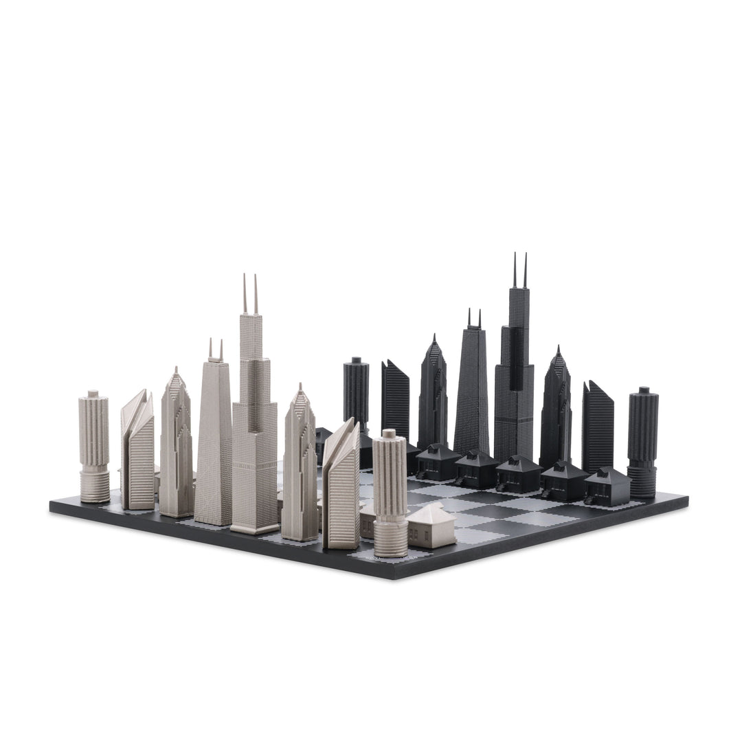 Skyline Chess Set, Chicago, Stainless Steel, Side View, Marble Hatch Board