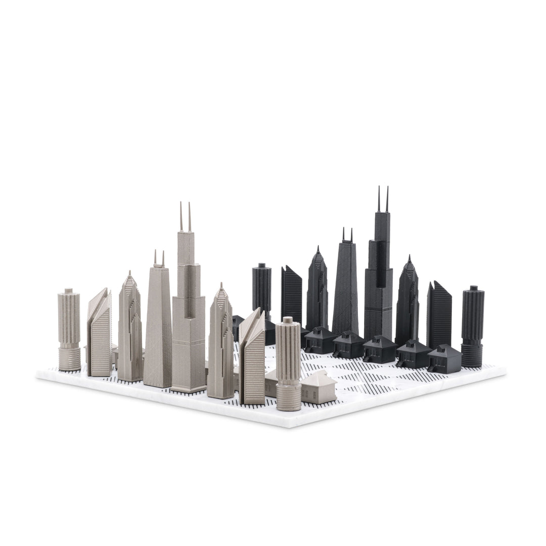 Skyline Chess Set, Chicago, Steel Metal, Corner View, Marble Board