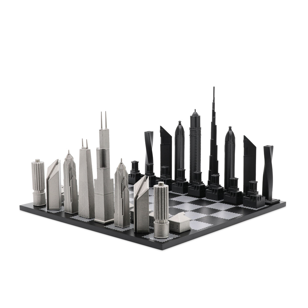 Skyline Chess Set, Chicago vs Dubai, Stainless Steel, Corner View, Hatch Board