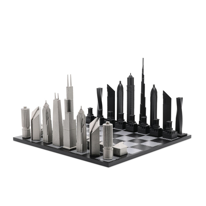 Skyline Chess Set, Chicago vs Dubai, Stainless Steel, Corner View, Hatch Board