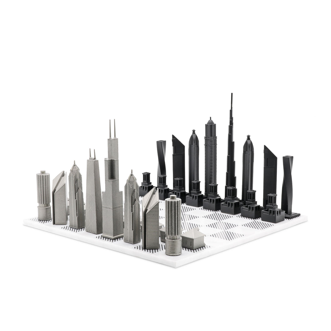 Skyline Chess Set, Chicago Vs Dubai, Stainless Steel, Corner View, Marble Board
