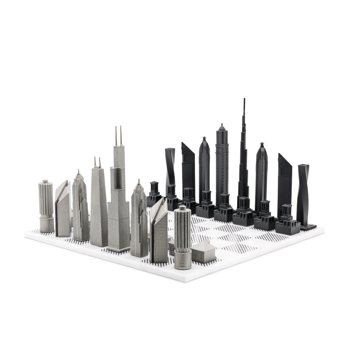 Skyline Chess Set, Chicago Vs Dubai, Stainless Steel, Corner View, Marble Board