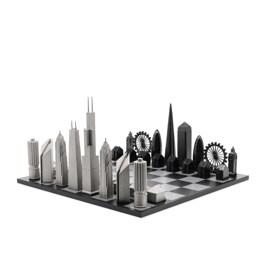 Skyline Chess Set, Chicago vs London, Steel Metal, Corner View, Hatch Board