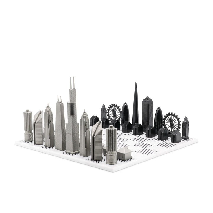 Skyline Chess Set, Chicago vs London, Stainless Steel, Corner View, Marble Board