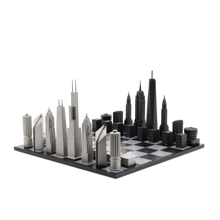 Skyline Chess Set, Chicago vs New York, Stainless Steel, Corner View, Hatch Board