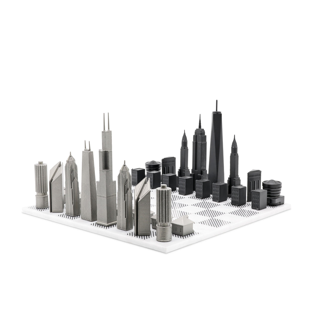 Skyline Chess Set, Chicago Vs. New York, Steel Metal, Corner View, Marble Board