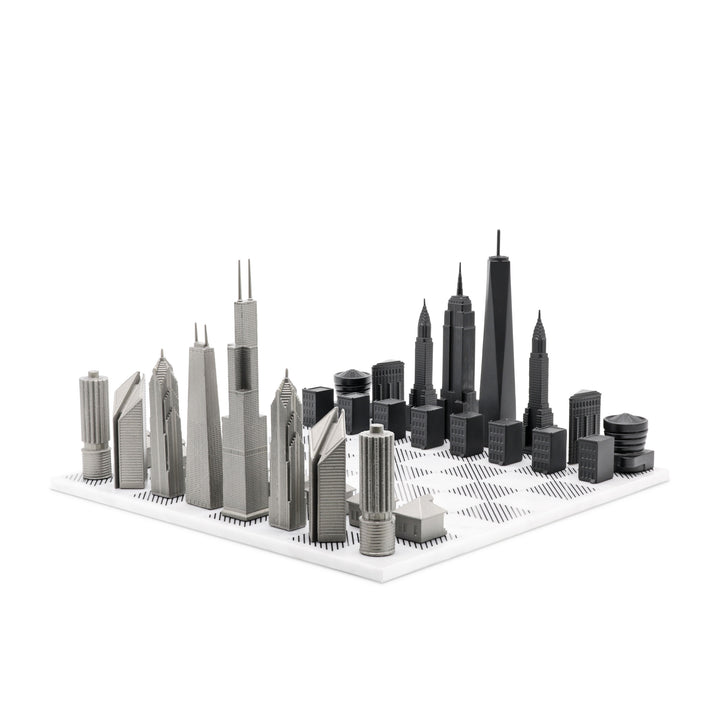 Skyline Chess Set, Chicago Vs. New York, Steel Metal, Corner View, Marble Board