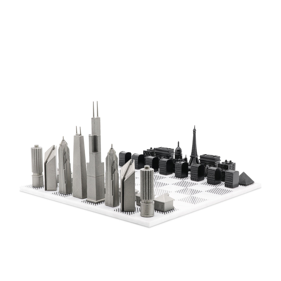 Skyline Chess Set, Chicago Vs Paris, Steel Metal, Corner View, Marble Board