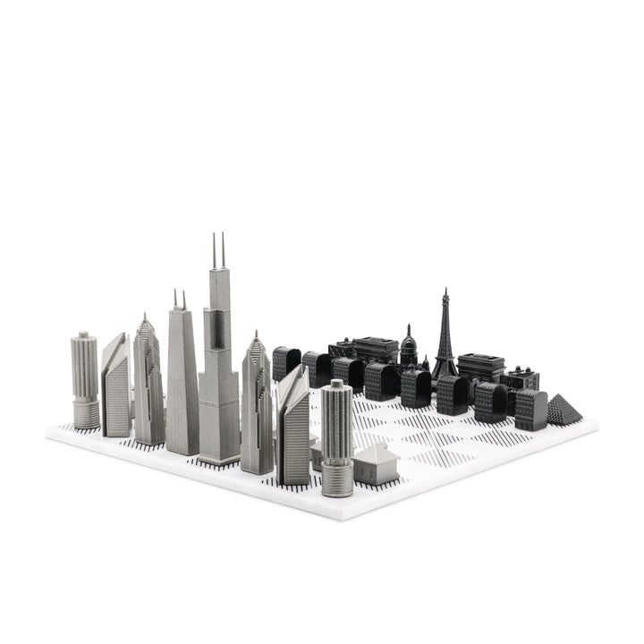 Skyline Chess Set, Chicago Vs Paris, Steel Metal, Corner View, Marble Board