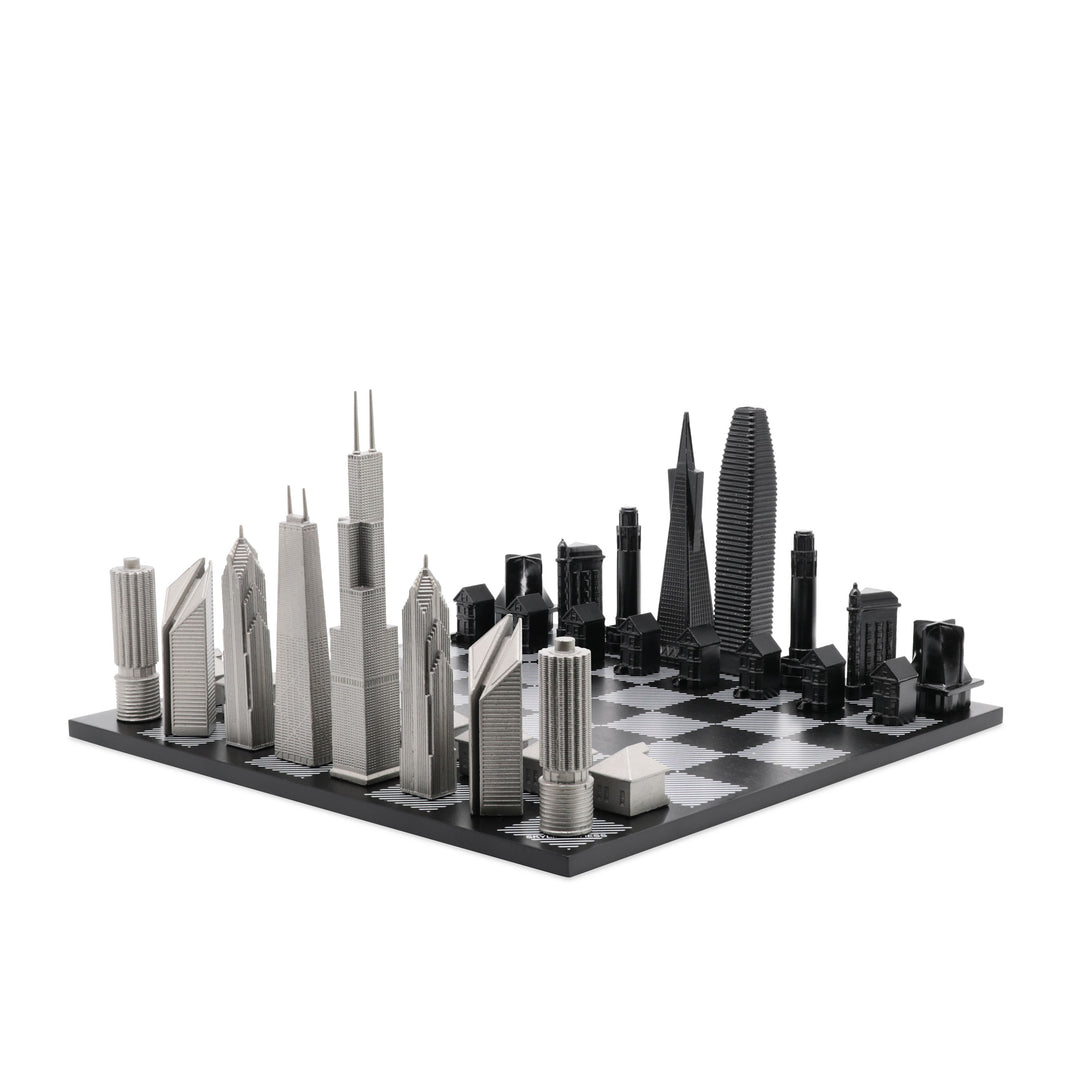 Skyline Chess Set, Chicago vs. San Francisco, Stainless Steel, Corner View, Hatch Board