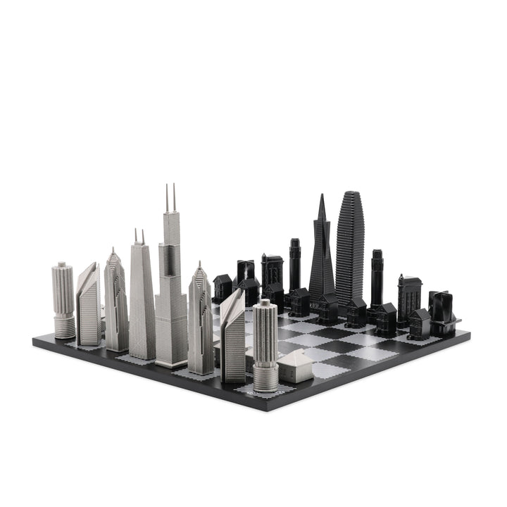 Skyline Chess Set, Chicago vs. San Francisco, Stainless Steel, Corner View, Hatch Board