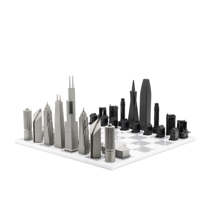 Skyline Chess Set, Chicago vs San Francisco, Steel, Corner View, Marble Board
