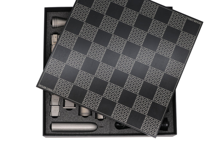 Skyline Chess Set, Doha, Steel Metal, Macro View, Wood Board