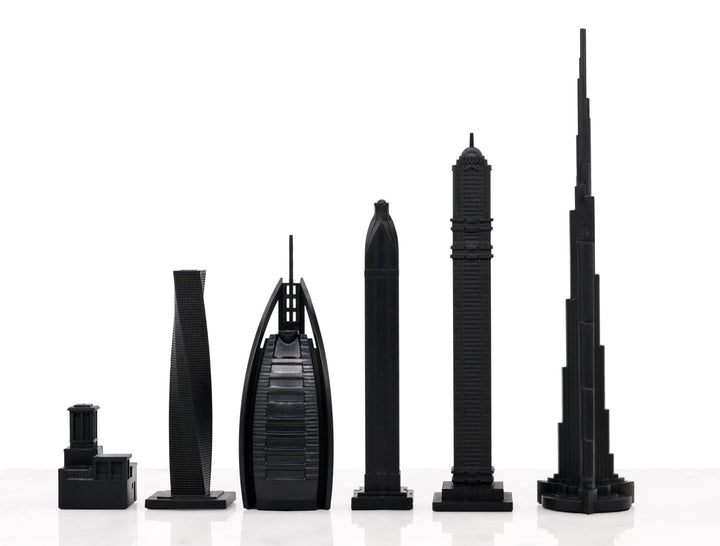 Skyline Chess Set, Dubai, Acrylic, Side View, Marble Board
