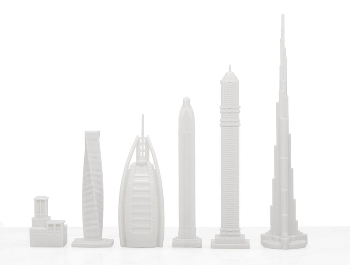 Skyline Chess Set, Dubai, Acrylic, Side View, White Board