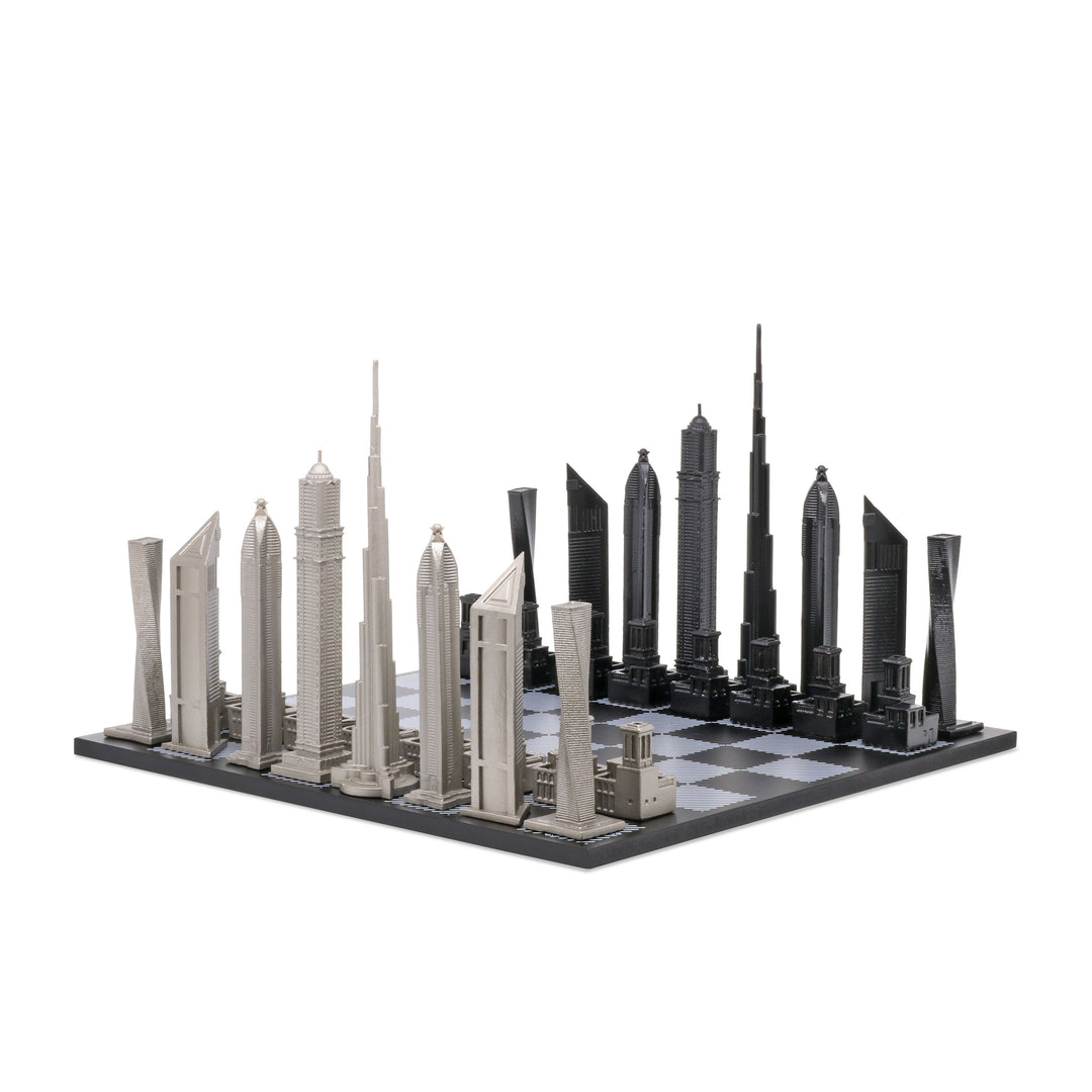 Skyline Chess Set, Dubai, Steel Metal, Corner View, Marble Hatch Board