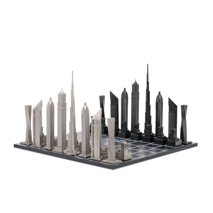 Skyline Chess Set, Dubai, Stainless Steel, Corner View, City Map Board