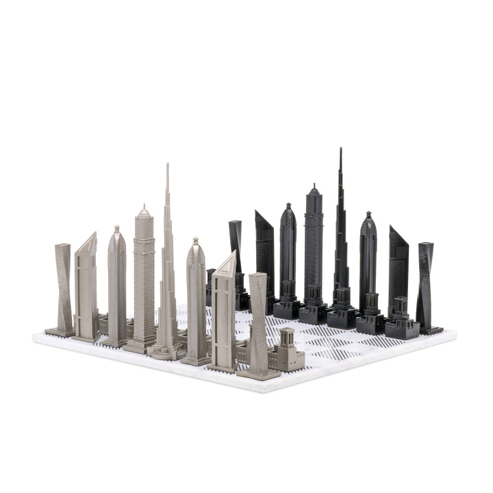 Skyline Chess Set, Dubai, Steel, Corner View, Marble Board