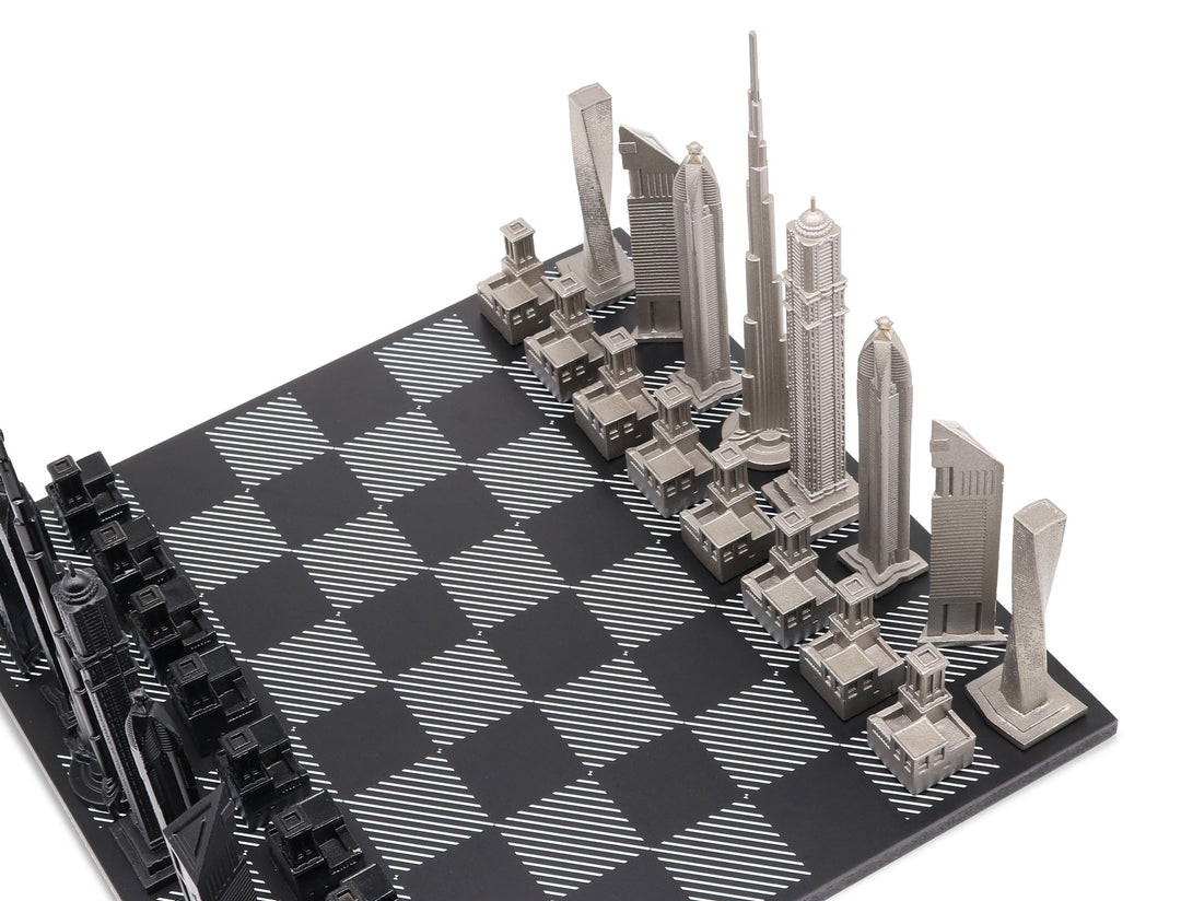 Skyline Chess Set, Dubai, Steel Metal, Corner View, Hatch Board