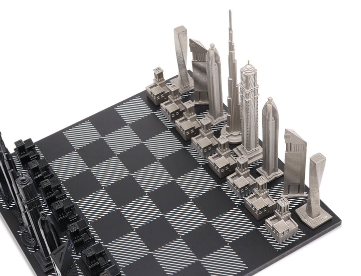 Skyline Chess Set, Dubai, Steel Metal, Corner View, Hatch Board