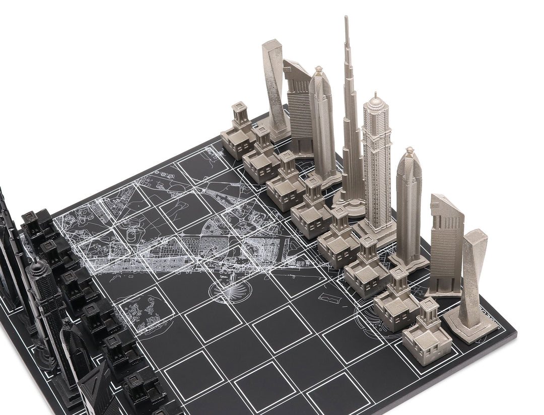 Skyline Chess Set, Dubai, Steel Metal, Corner View, Wood Board