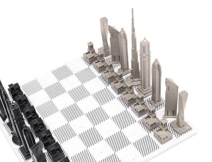 Skyline Chess Set, Dubai, Steel Metal, Corner View, Marble Board