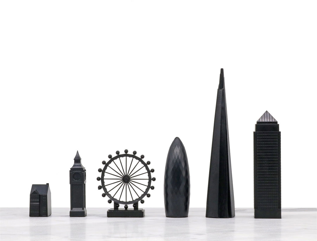 Skyline Chess Set, Dubai Vs. New York, Acrylic, Elevation View, Carrara Marble Board