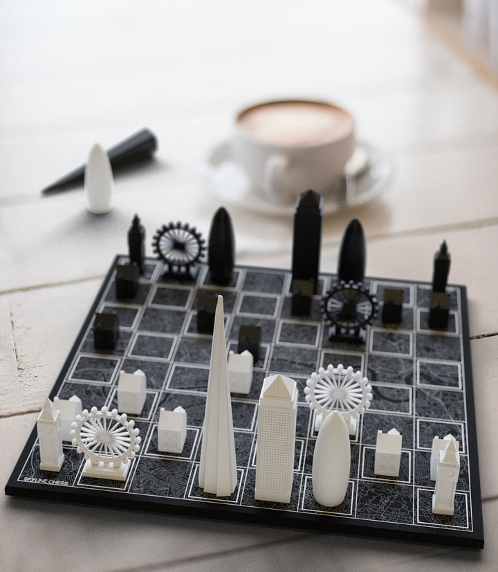 Skyline Chess Set, London, Acrylic, Lifestyle View, Carrara Marble Board