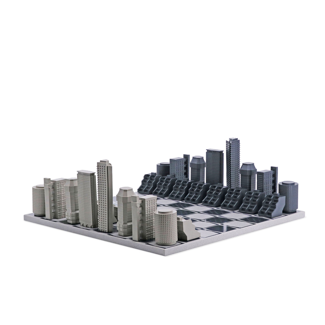 Skyline Chess Set, London Brutalist, Resin, Corner View, Corian Board