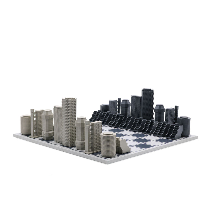 Skyline Chess Set, London, Resin, Side View, Wood Board