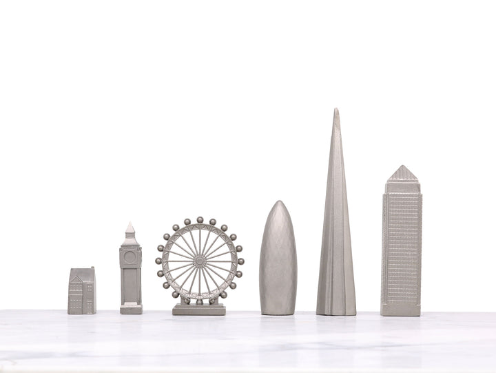 Skyline Chess Set, London, Steel Metal, Side View, Wood Board
