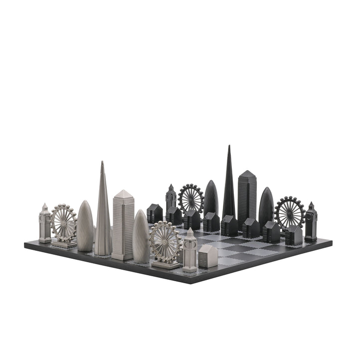 Skyline Chess Set, London, Stainless Steel, Side View, Hatch Board