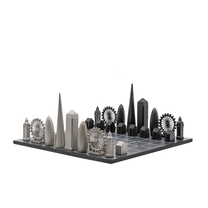 Skyline Chess Set, London, Steel Metal, Corner View, Map Board