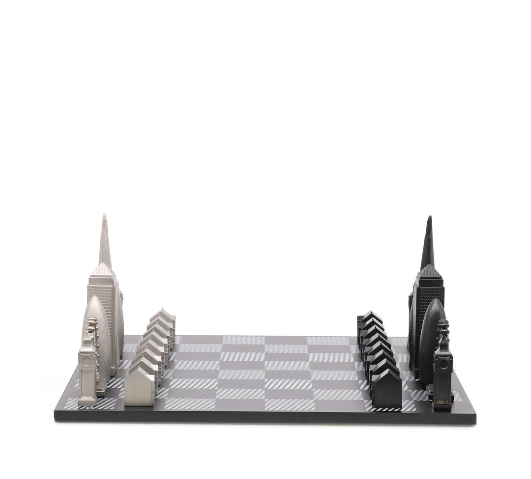 Skyline Chess Set, London, Stainless Steel, Side View