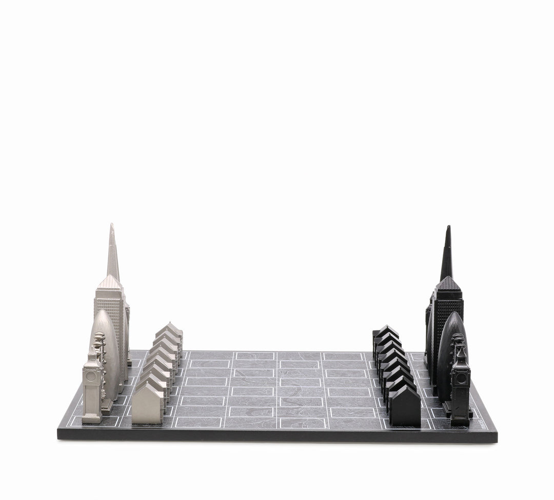 Skyline Chess Set, London, Steel Metal, Side View, Marble Board