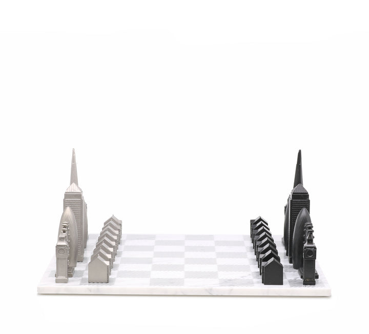 Skyline Chess Set, London, Steel Metal, Side View, Marble Board