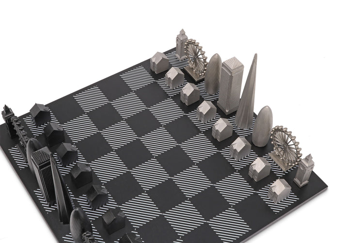 Skyline Chess Set, London, Stainless Steel, Corner View, Hatch Board