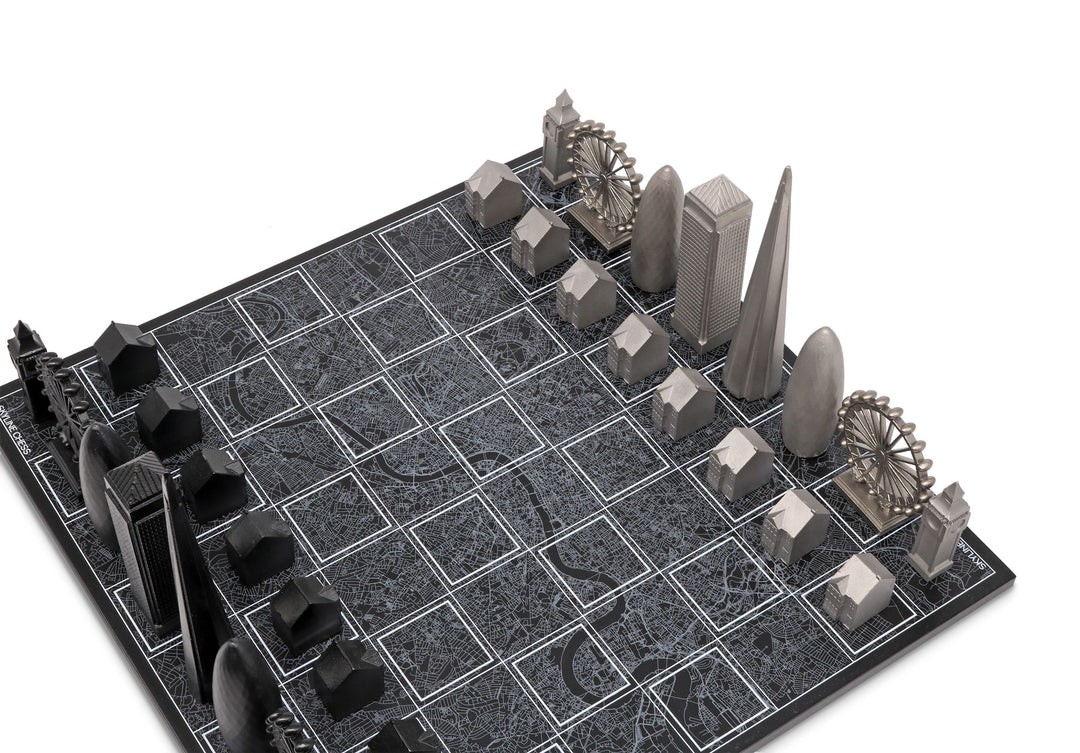 Skyline Chess Set, London, Steel Metal, Corner View, Wood Board