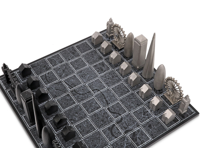 Skyline Chess Set, London, Steel Metal, Corner View, Wood Board