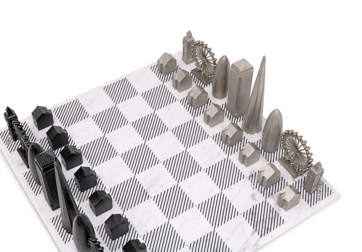 Skyline Chess Set, London, Stainless Steel, Corner View, Marble Board